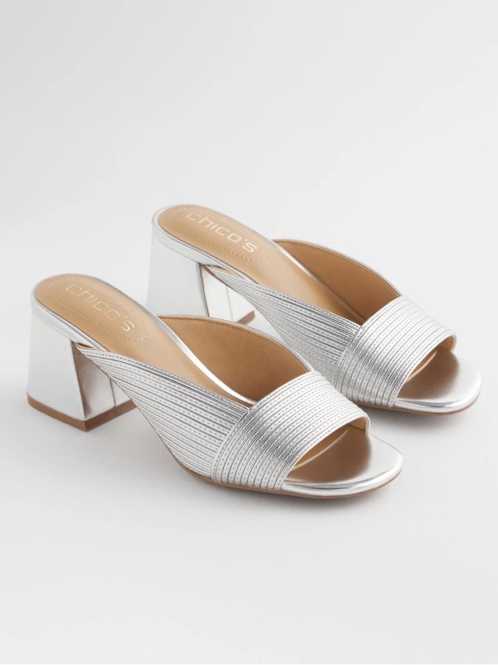 Chico’s Vinia Metallic Rope Block Heels Slip On Open Square‎ Toe Silver Size 9.5